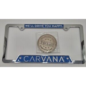 Carvana Chrome License Plate Frame and Unused Car Vending Machine Coin Token